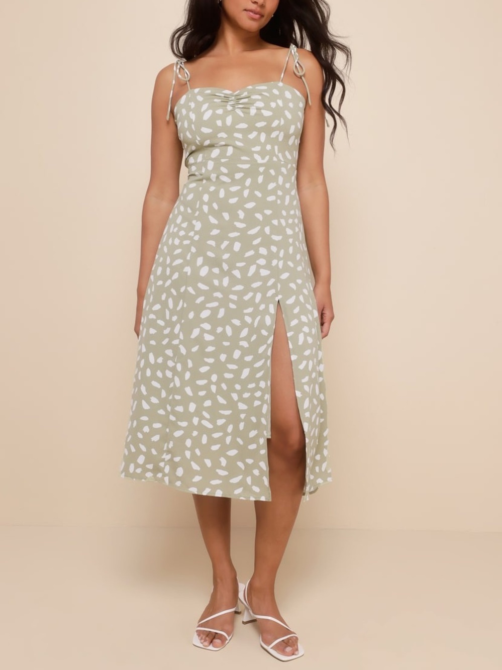Lulus | Party in Paris Sage Green Print Tie-Strap Midi Dress - Picture 5 of 12